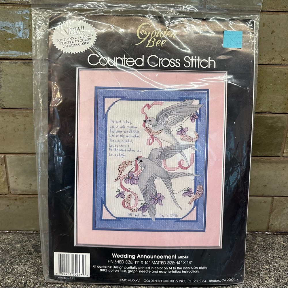 Vintage Golden Bee Counted Cross Stitch Wedding Announcement